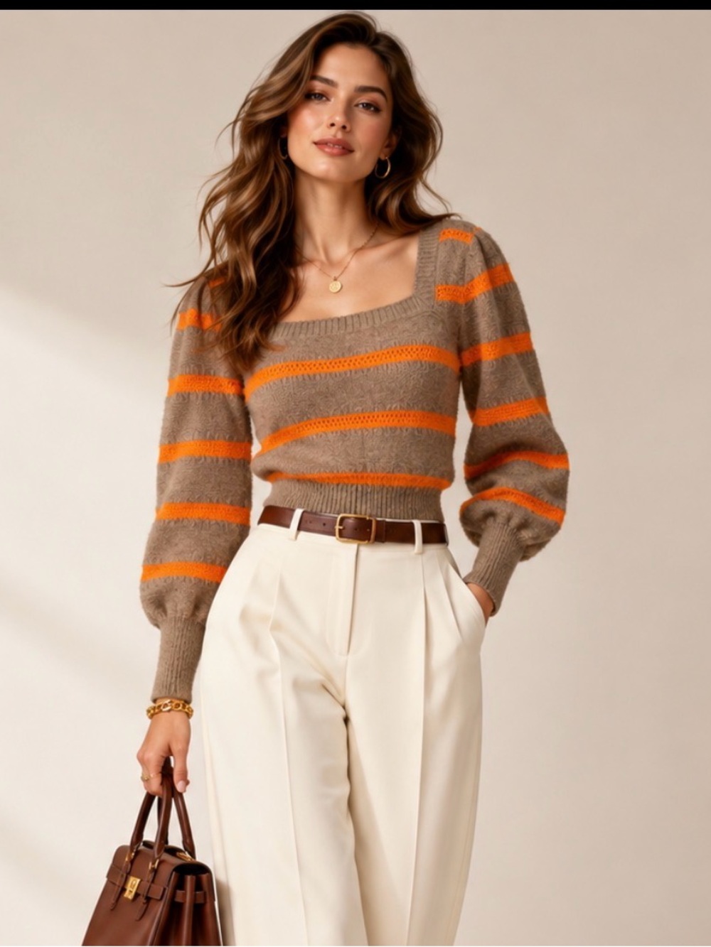 Lumiere Brown Orange Striped Square Neck Puff Sleeve Sweater Size Small